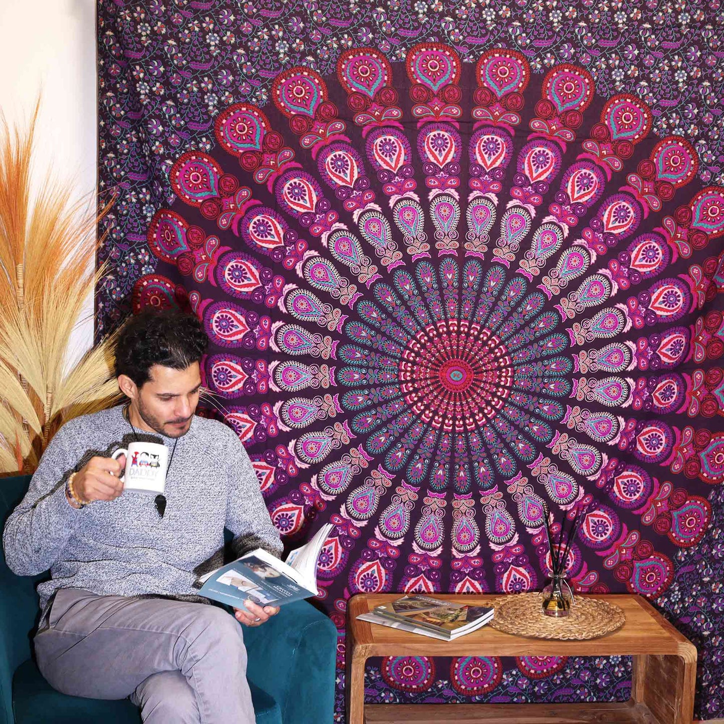 Couette double en coton + tenture murale - Mandala Paon - Violet