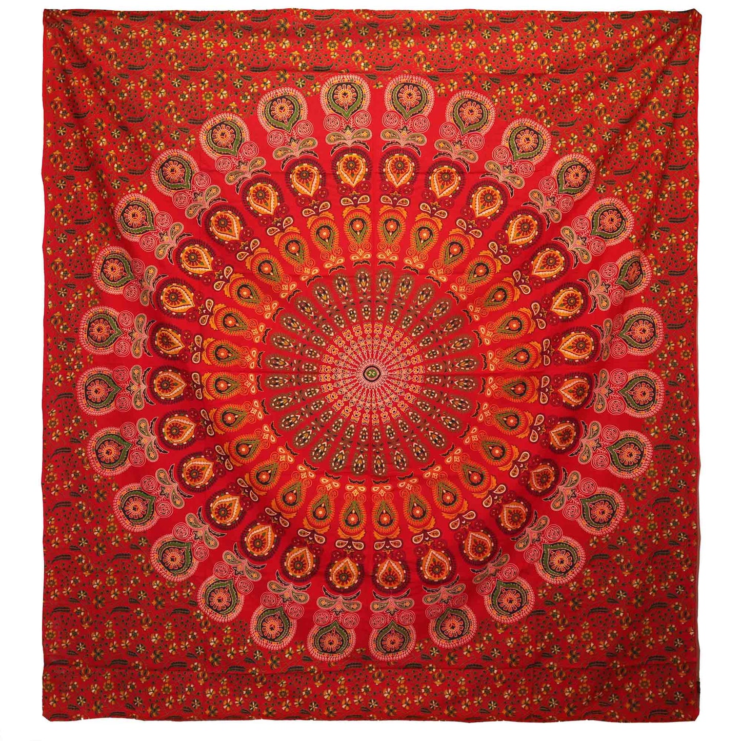 Colcha Doble de Algodón + Colgante de Pared - Pavo Real Mandala - Rojo