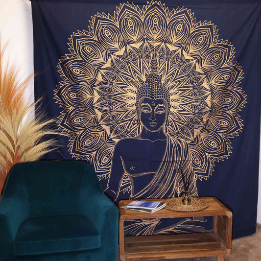 Baumwoll-Doppelsteppdecke + Wandbehang - Buddha - Goldblau