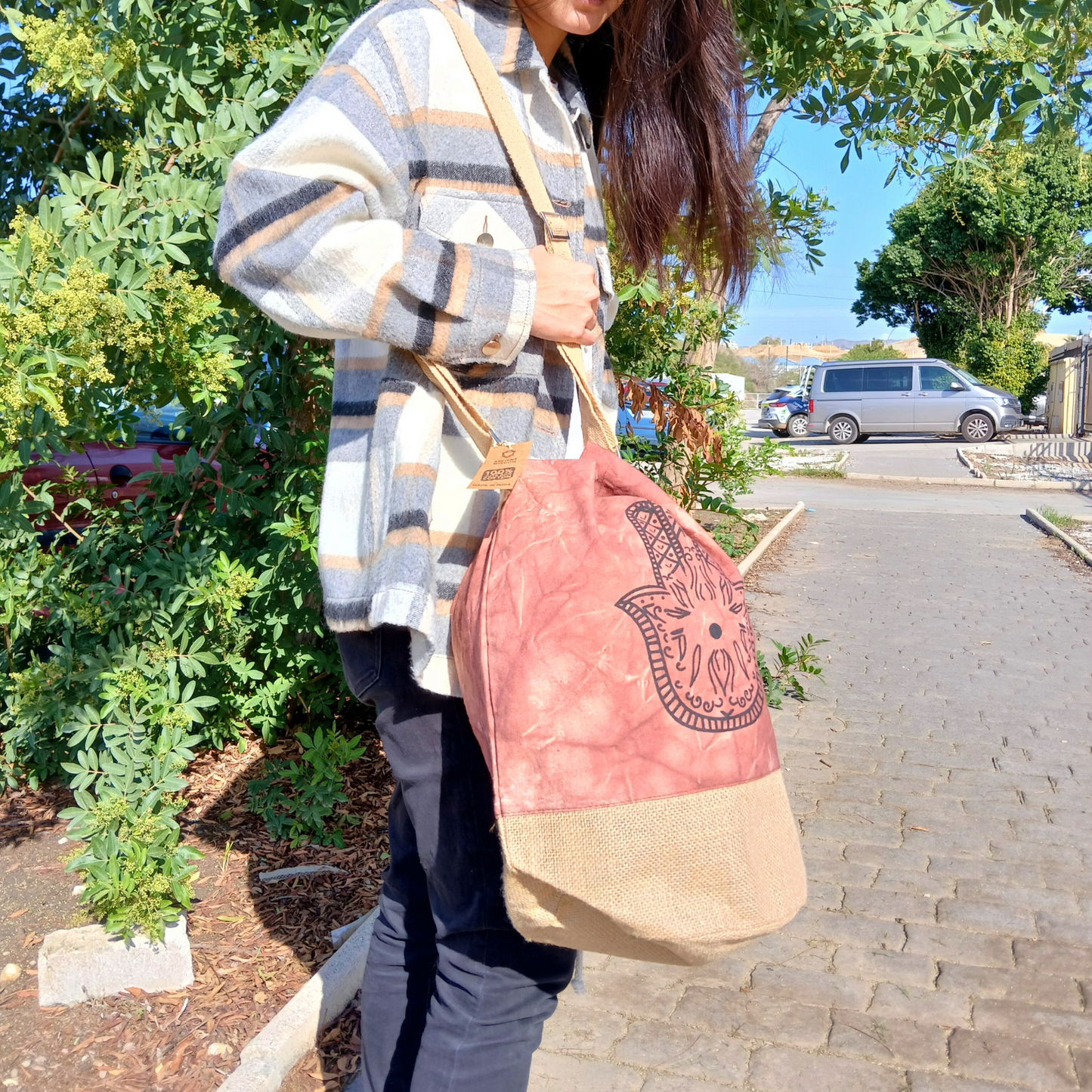 100 % natürlicher Rucksack – Terrakotta-Wascheffekt – Hamsa