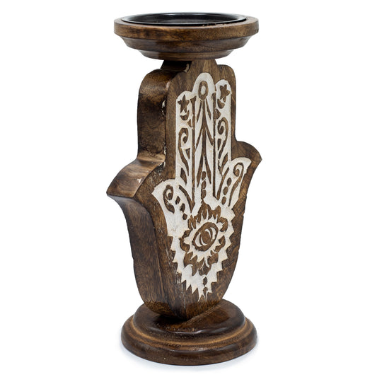 Bougeoir en bois de manguier - Hamsa - Grand 25x18cm