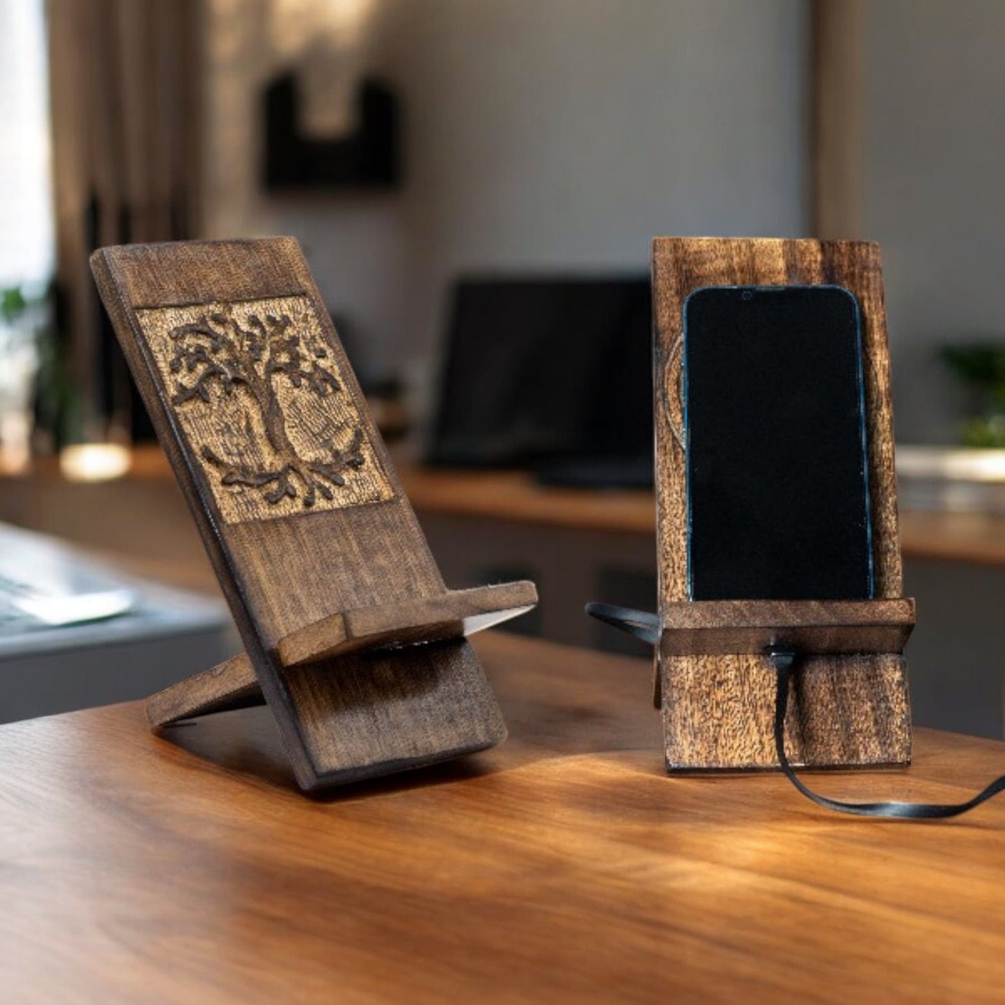 Support de téléphone en bois sculpté - Bouddha 20x9,5cm
