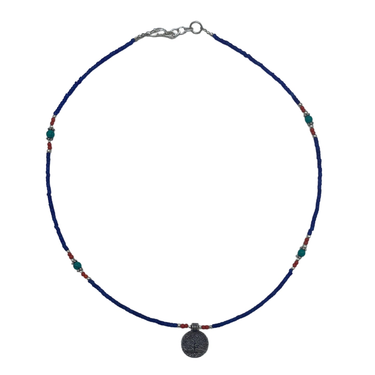 Collier népalais en pierres précieuses extra-fines - onyx bleu et arbre de vie