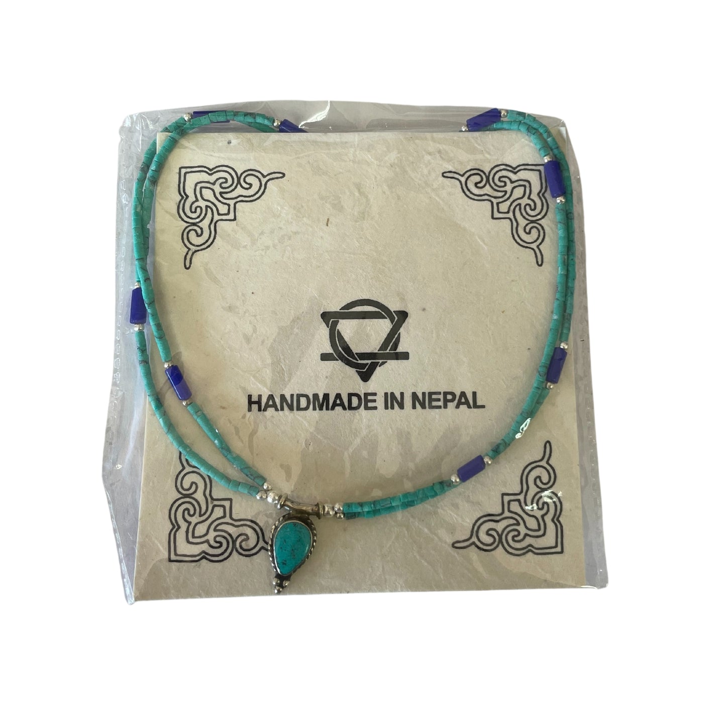 Extra dünne zweireihige nepalesische Halskette - Anhänger aus Lapislazuli und Malachit