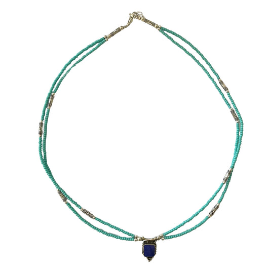 Extra dünne zweireihige nepalesische Halskette – Anhänger aus Türkis und Lapislazuli