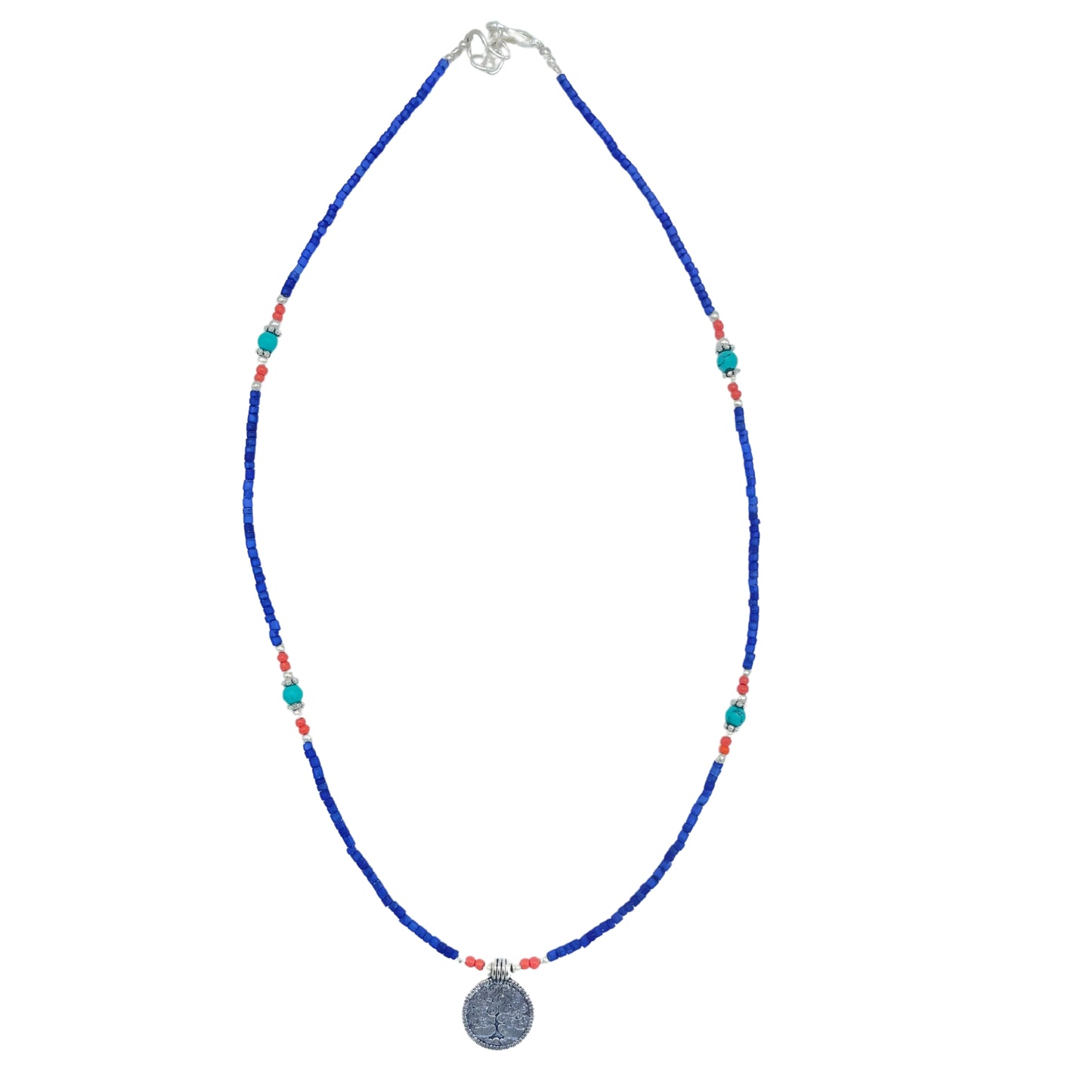 Nepalesische Halskette mit extrafeinen Edelsteinen – blauer Onyx und Lebensbaum