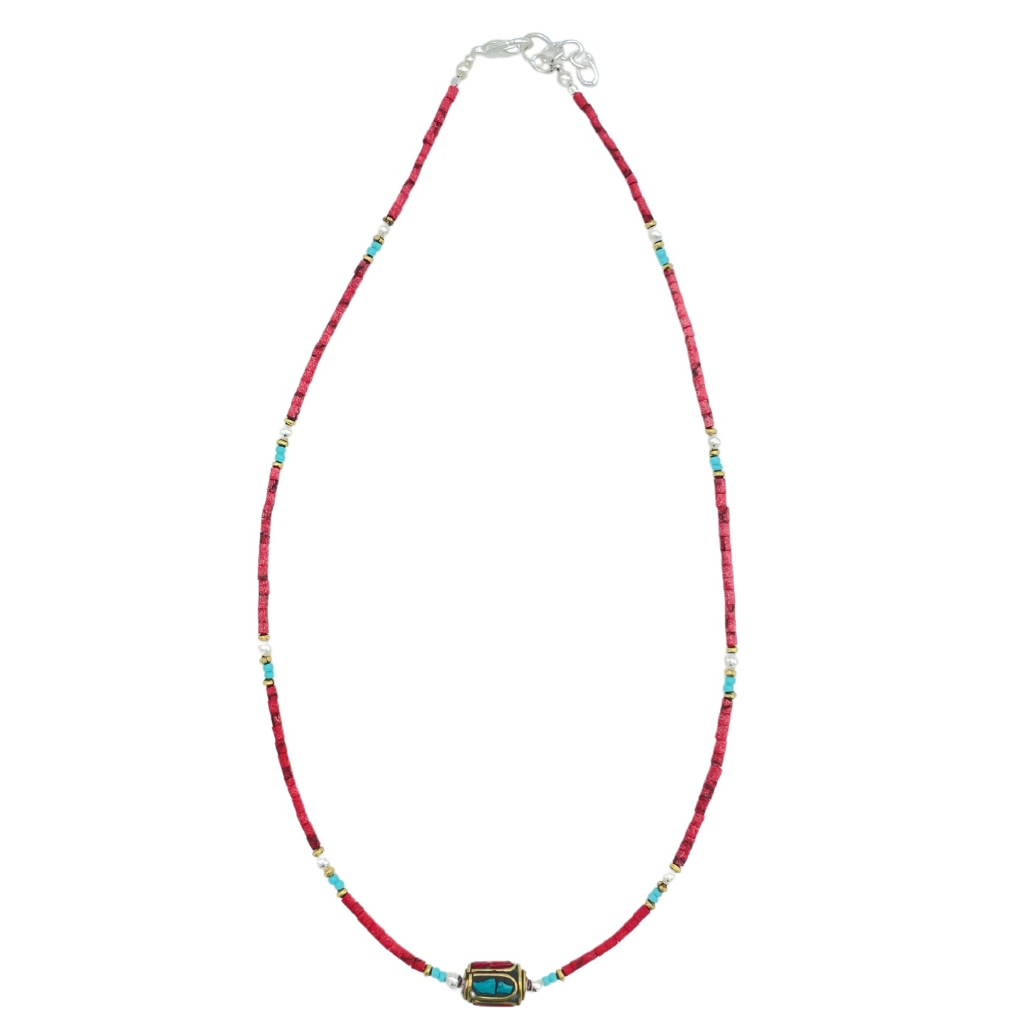 Nepalesische Halskette mit extrafeinen Edelsteinen - Coral Tribal Bead