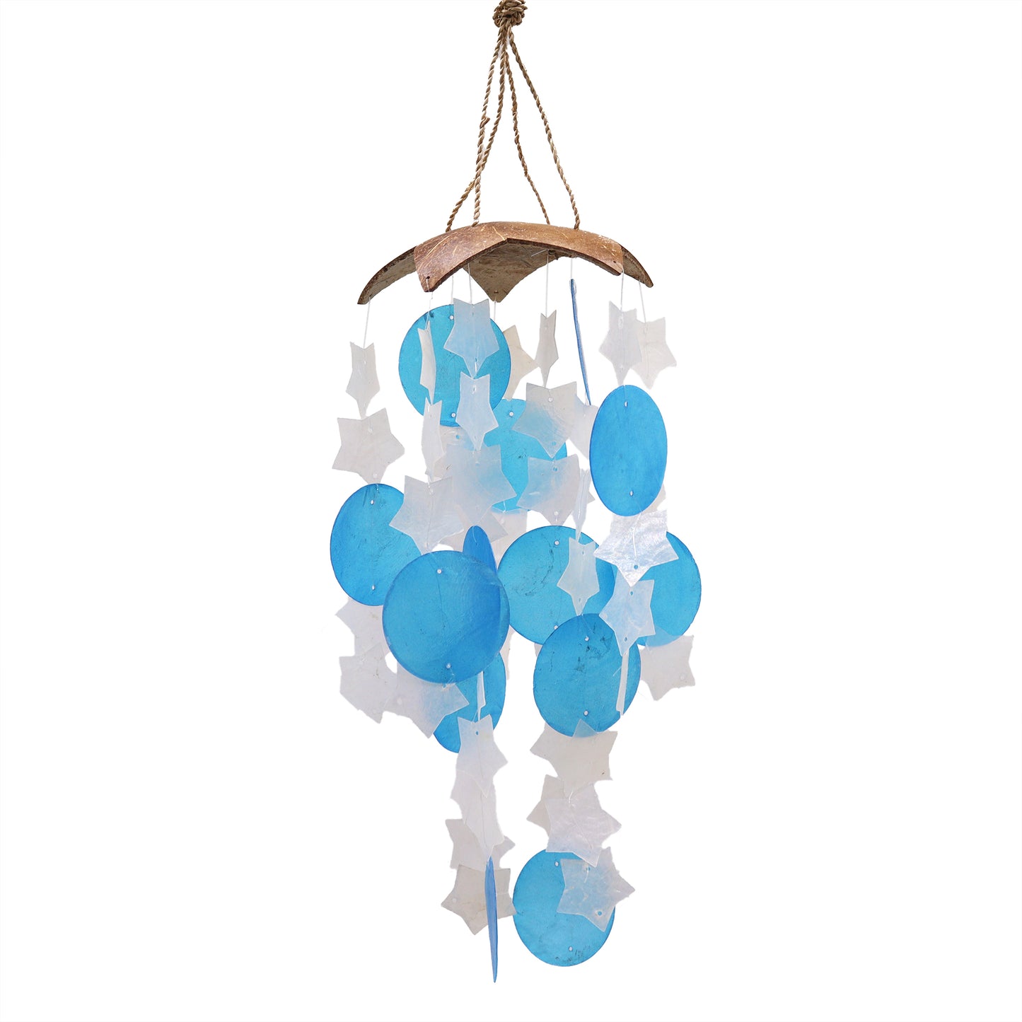 Windspiel aus Kokosnuss und Capiz – Blaue und weiße Sterne – 30 cm