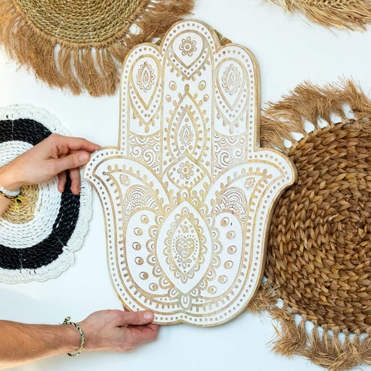 Placa de pared Mano de Hamsa en madera de Mango - Blanco