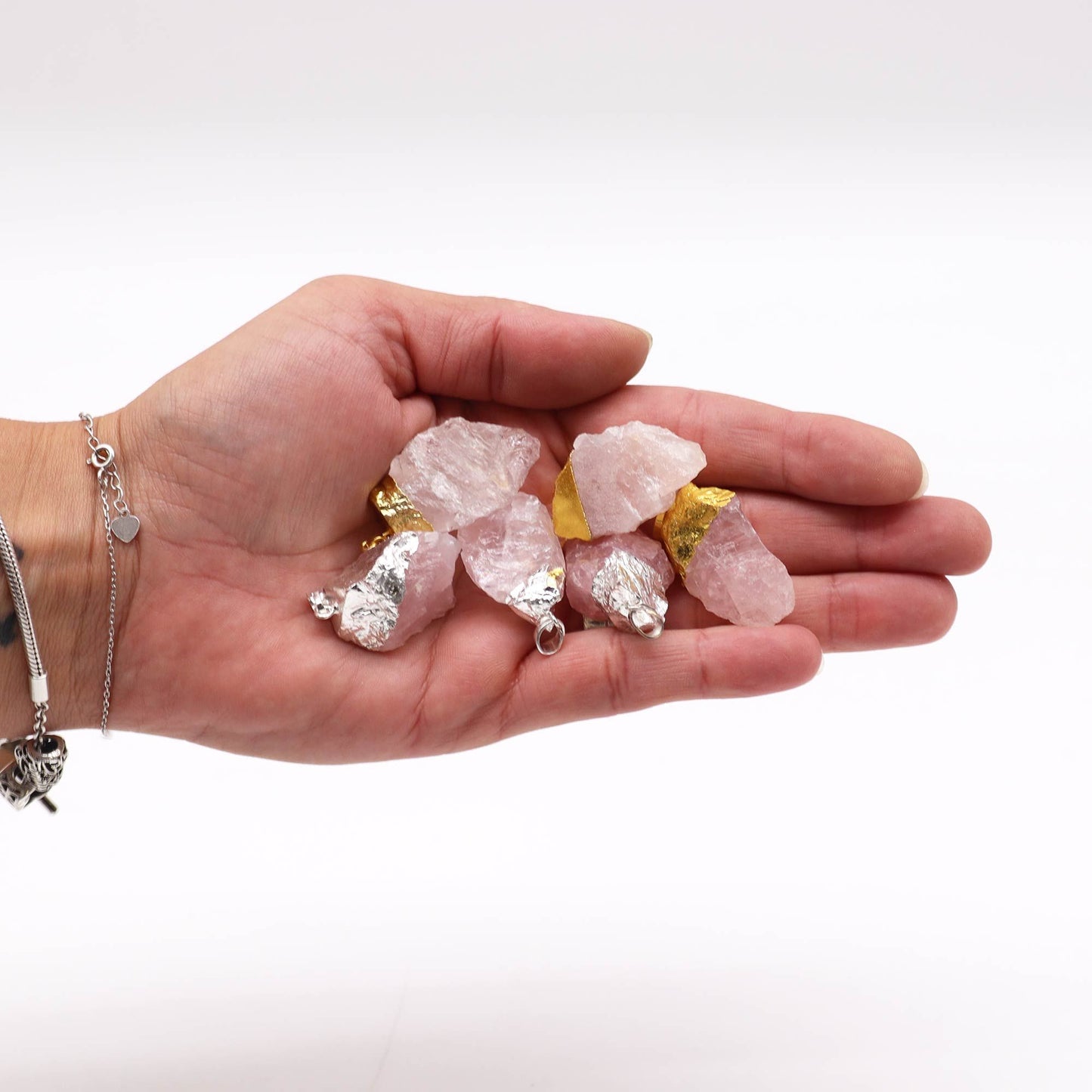 Pendentifs en quartz rose plaqués or et argent (6 pièces assorties)