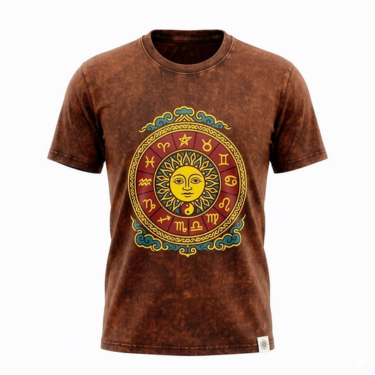 Nomad Sari T-Shirt aus gewaschener Baumwolle – Sonne und Tierkreiszeichen – Braun – Medium