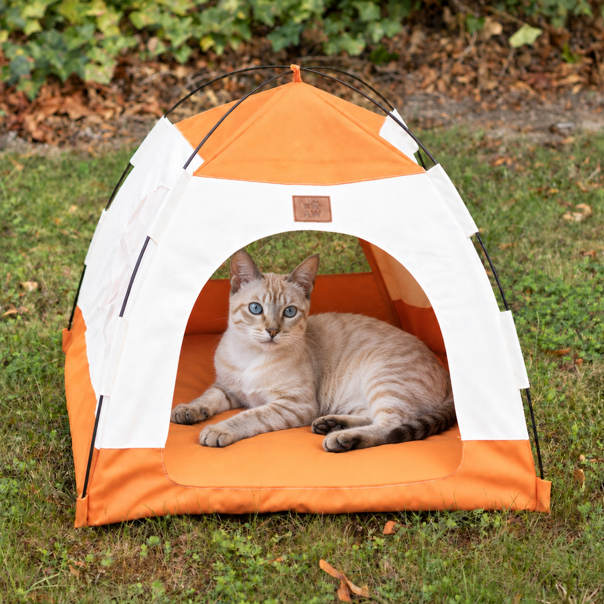 Cama PAW – Tienda beige y naranja – 58 × 58 × 48 cm