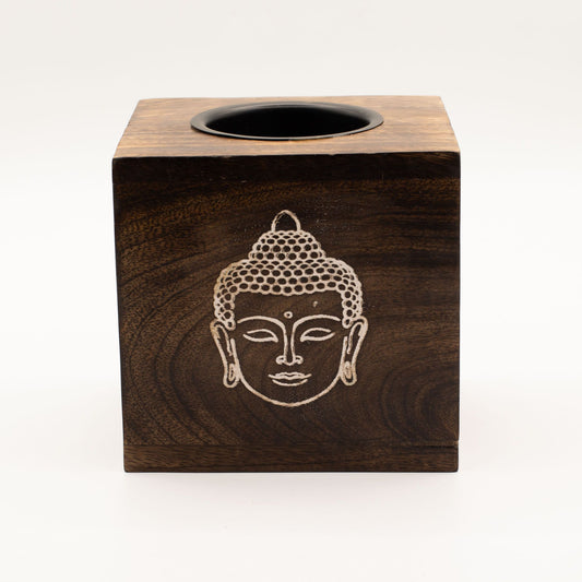 Gran quemador de aceite de madera de mango cuadrado - Cara de Buda