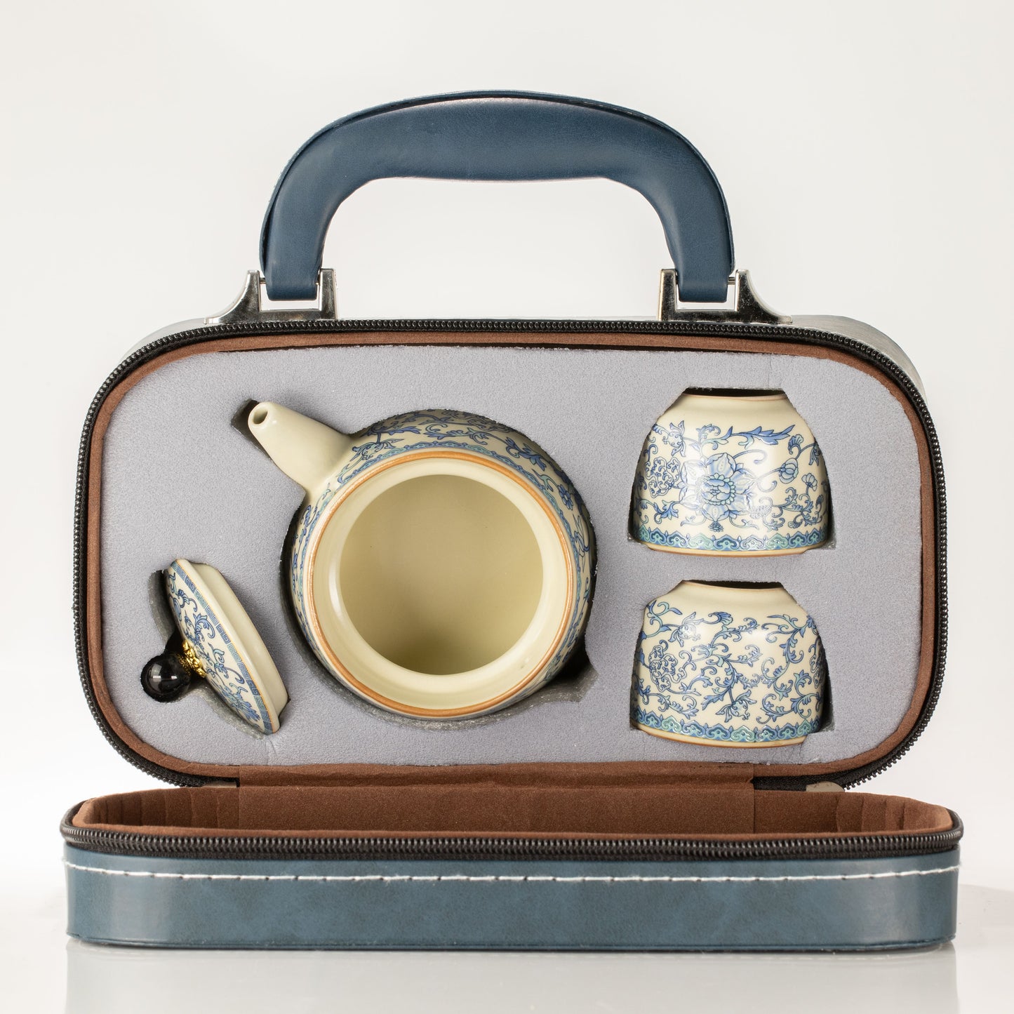 Conjunto de tetera de viaje y dos tazas - China Ru Azul
