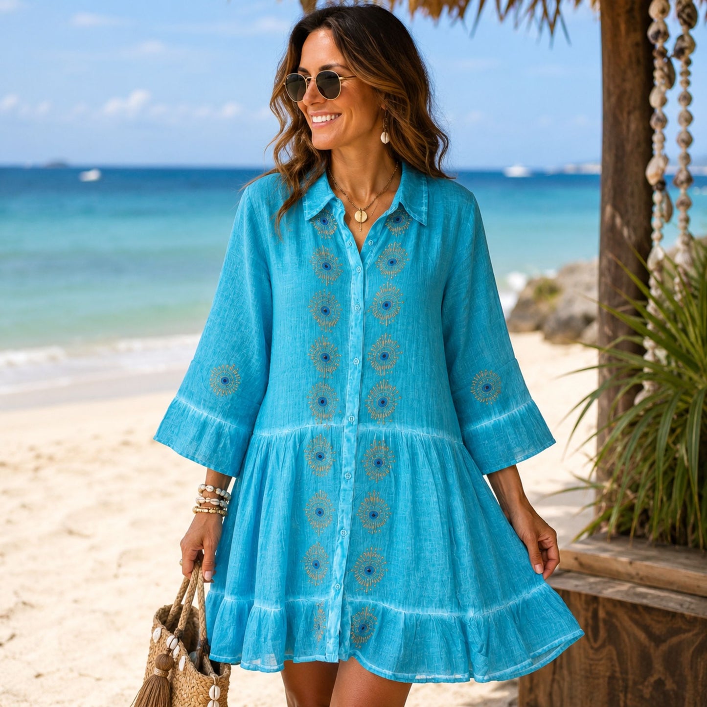 Nomad Sari En la Colección Med - Vestido tipo túnica - Turquesa con estampado en bloque de ojo turco (L-XL)