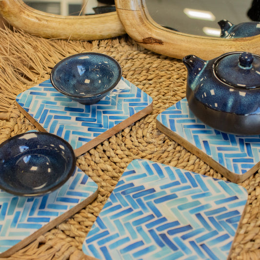 Conjunto de 4 posavasos cuadrados - rayas azules