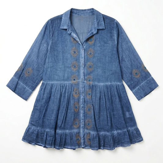 Nomad Sari en la colección Med - Vestido túnica - Azul oscuro con estampado en bloque de ojo mal de ojo (M-L)