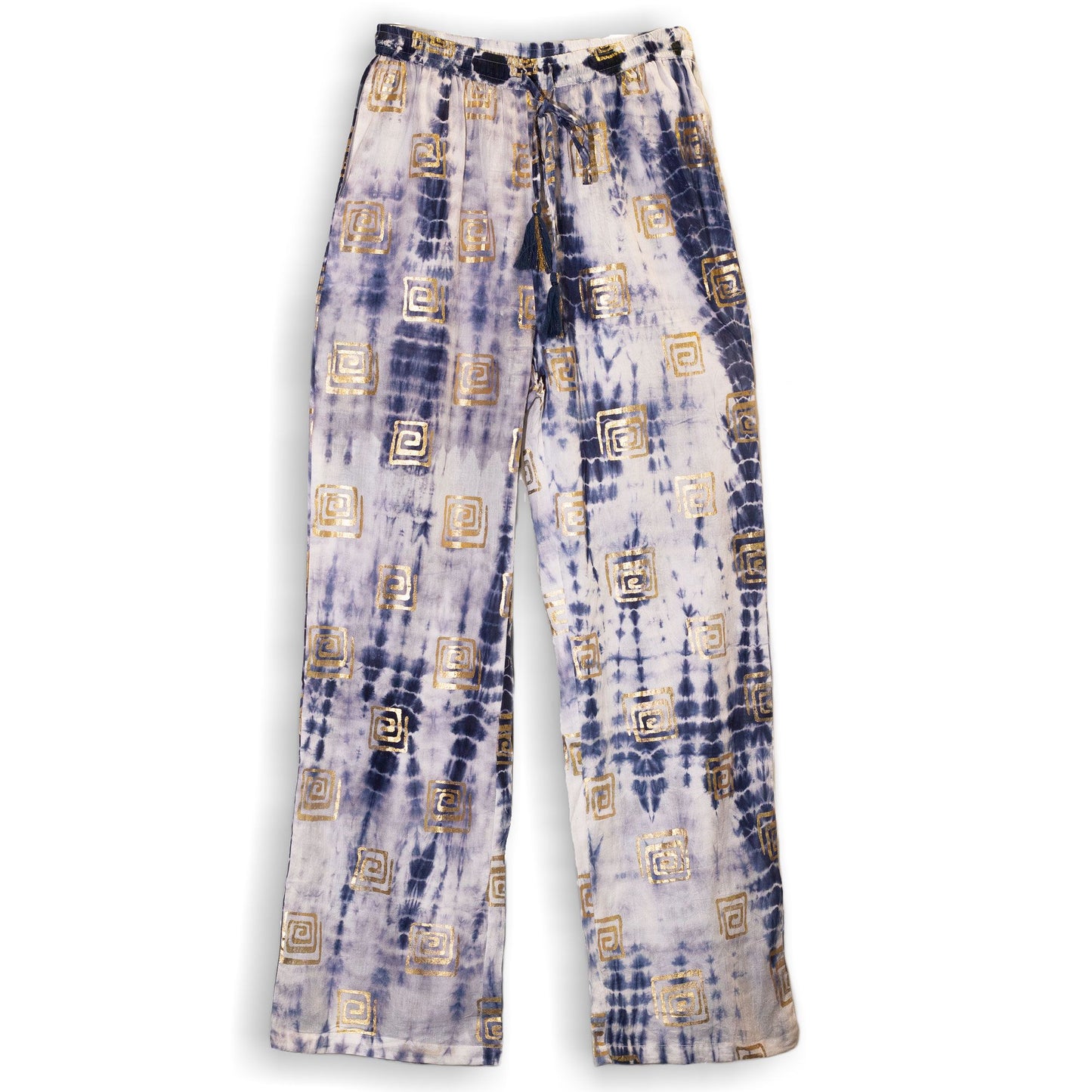 (ML) Collection Nomad Sari méditerranéen - Pantalon - Motif grec en or et bleu