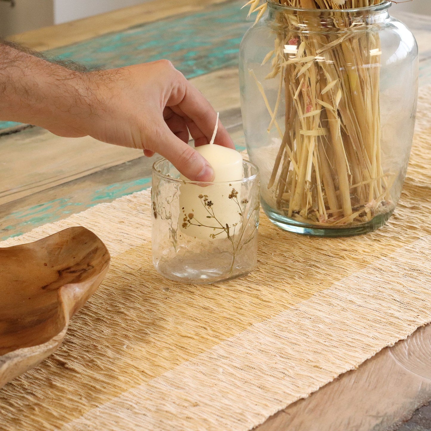 Gerader Kerzenhalter aus natürlichem Blumenglas - Gänseblümchen - (8x8 cm)