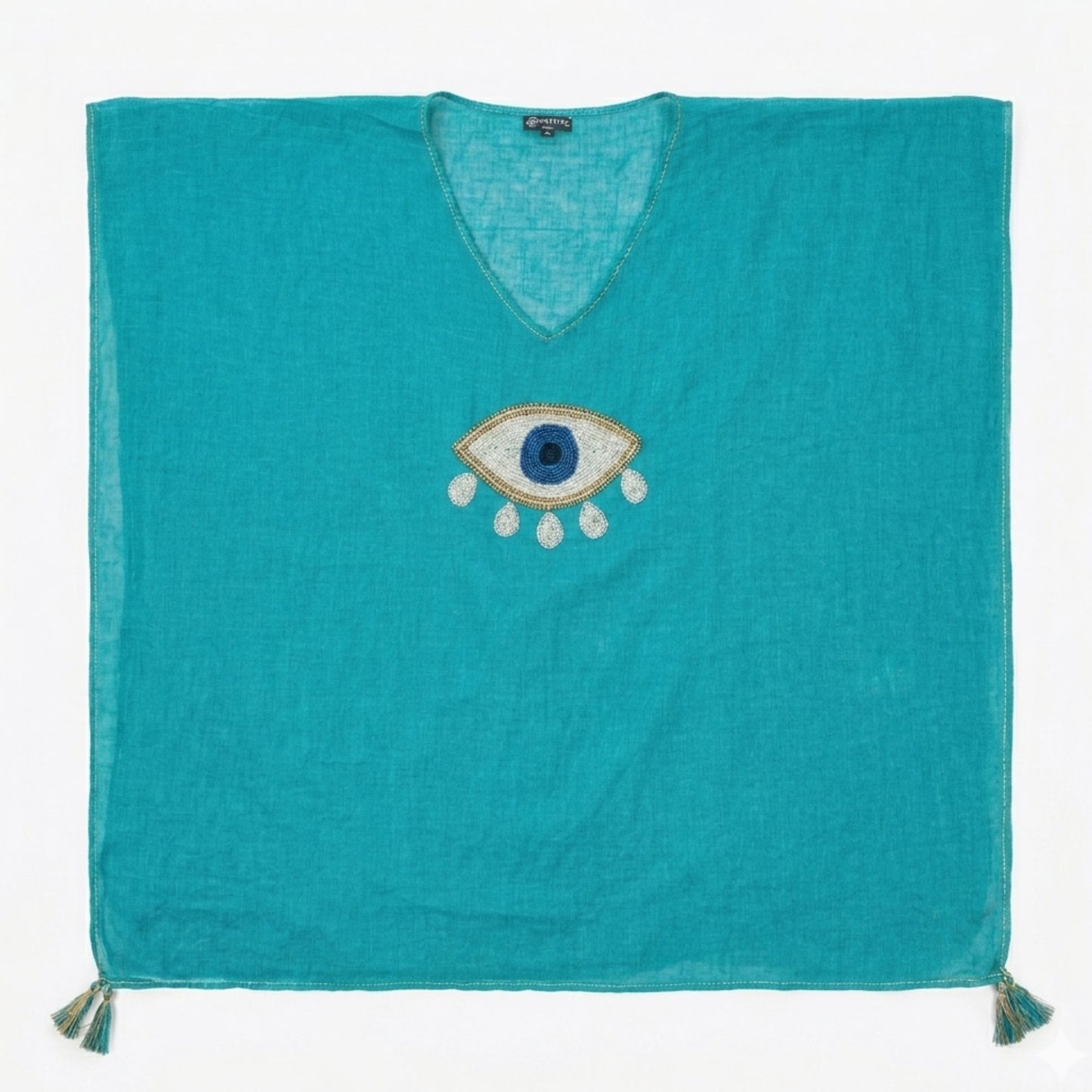 Nomad Sari en la Colección Med - Kaftán - Turquesa con Dorado y Blanco, Gran Ojo Turco