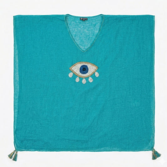 Nomad Sari en la Colección Med - Kaftán - Turquesa con Dorado y Blanco, Gran Ojo Turco