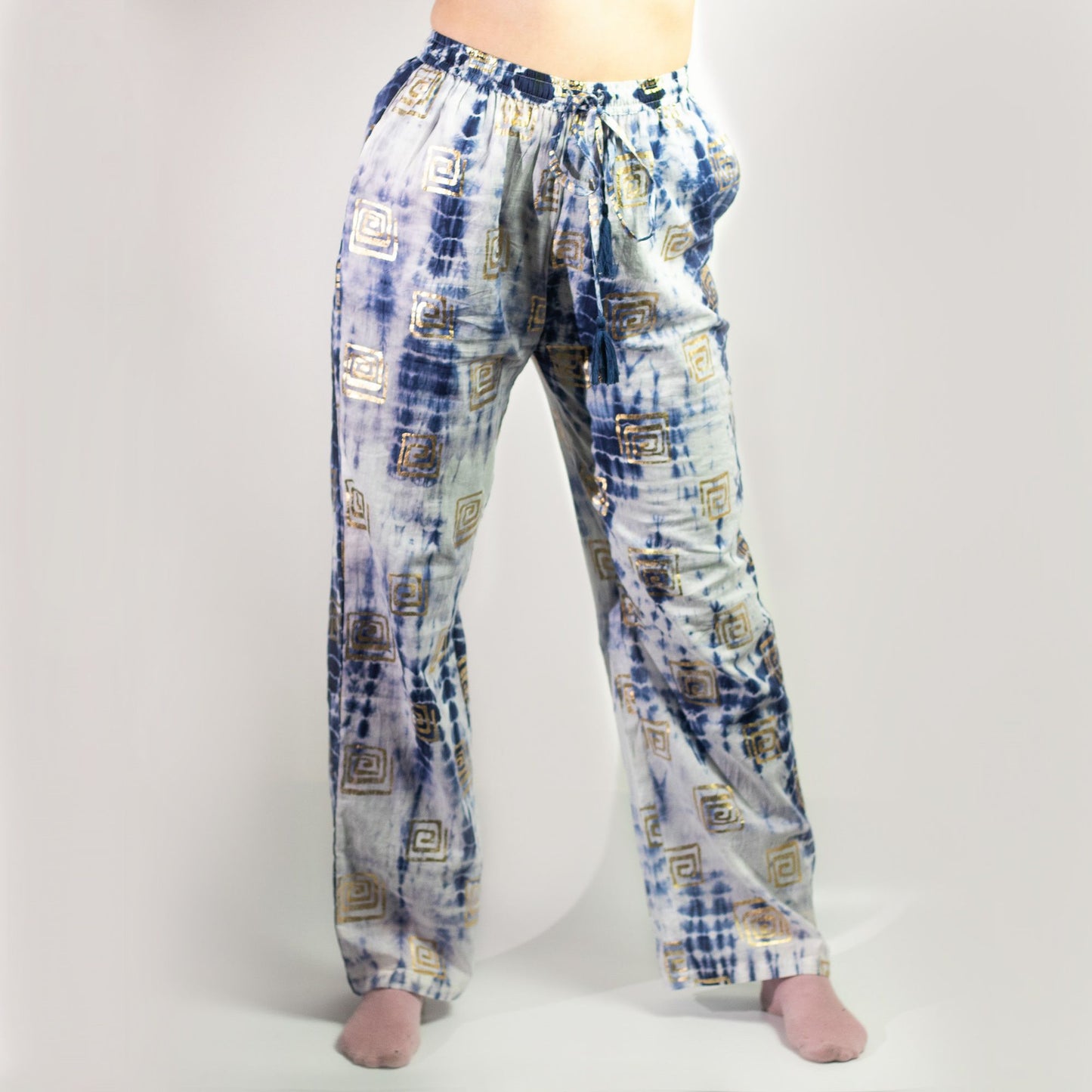 (ML) Collection Nomad Sari méditerranéen - Pantalon - Motif grec en or et bleu