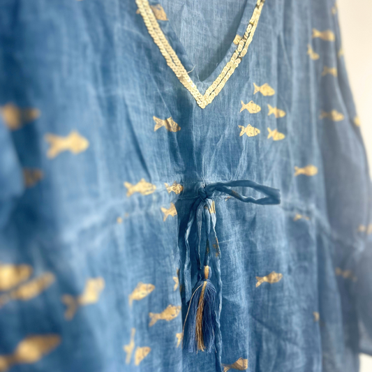 (LXL) Colección Nomad Sari - Vestido - Diseño de pez azul marino y dorado