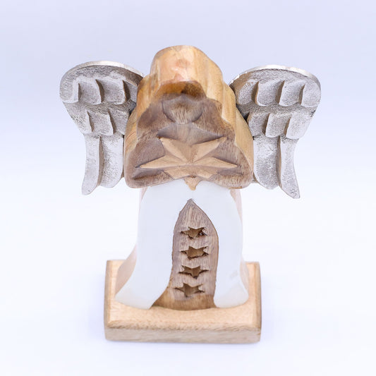 Großer Sternenengel aus Mangoholz mit Metallflügeln und emaillierten Details – 30 cm