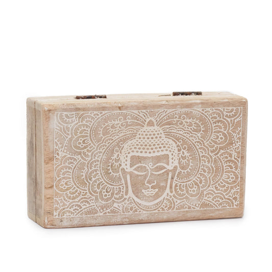 Mittlere quadratische Box 17 x 10 x 4,2 cm – Weißes Buddha-Gesicht