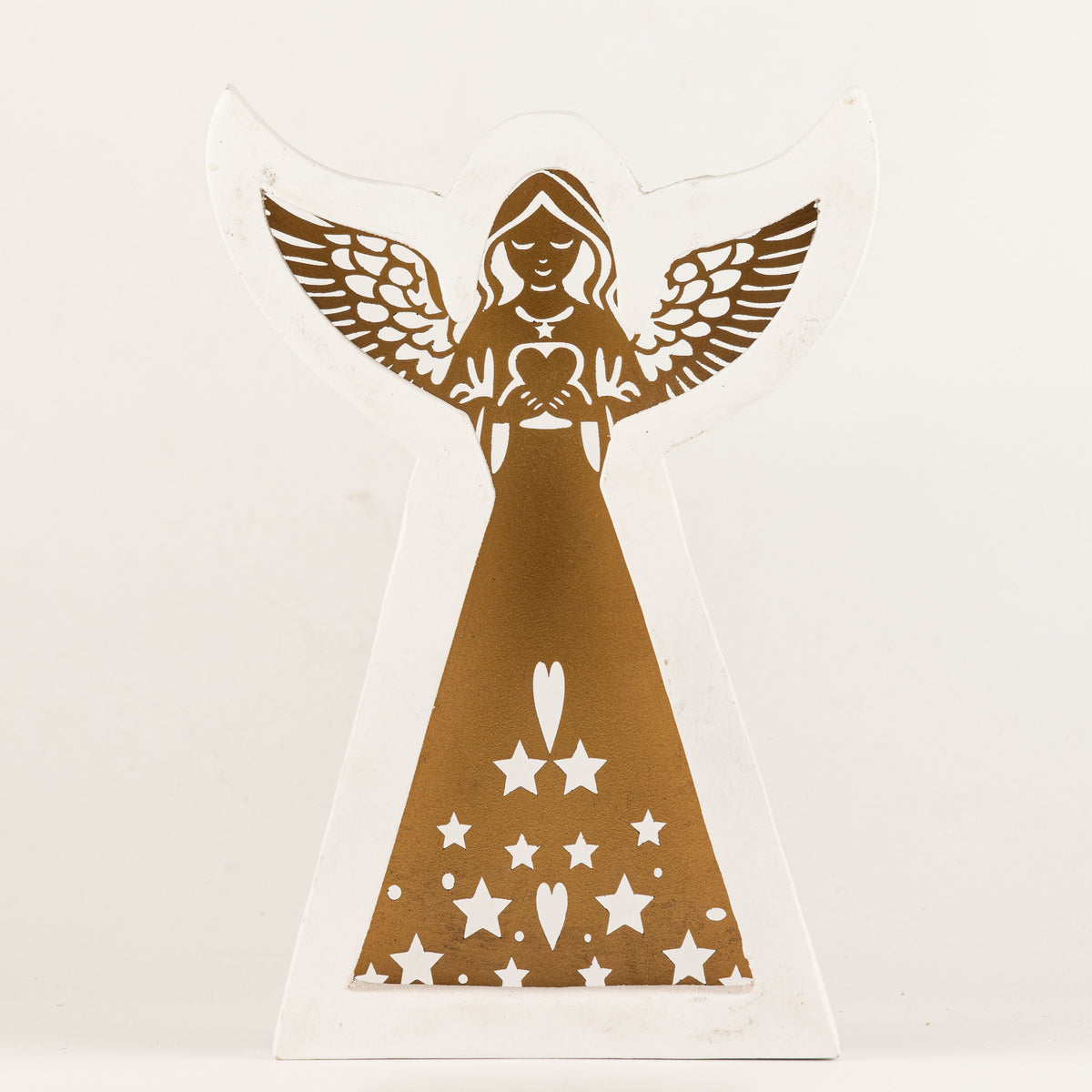Ángel de madera de mango - acabado lavado blanco con recorte decorativo de hierro - 22 cm