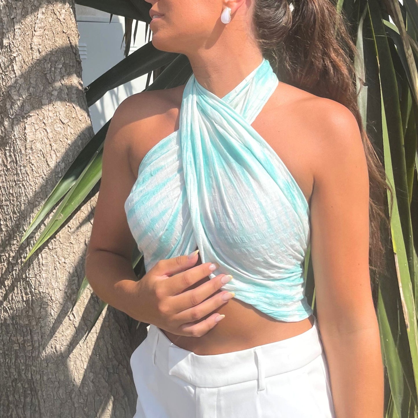 Chal de Arte Boho Java - Rayas Verde Azulado y Motivos - 62x200 cm