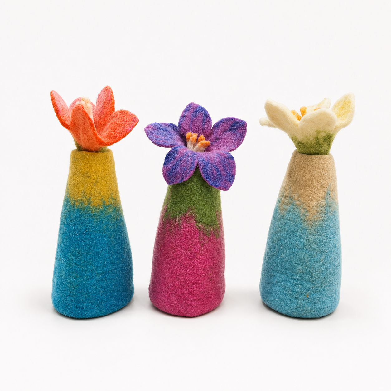 Jarrones de flores de fieltro – Conjunto de 3 diseños variados