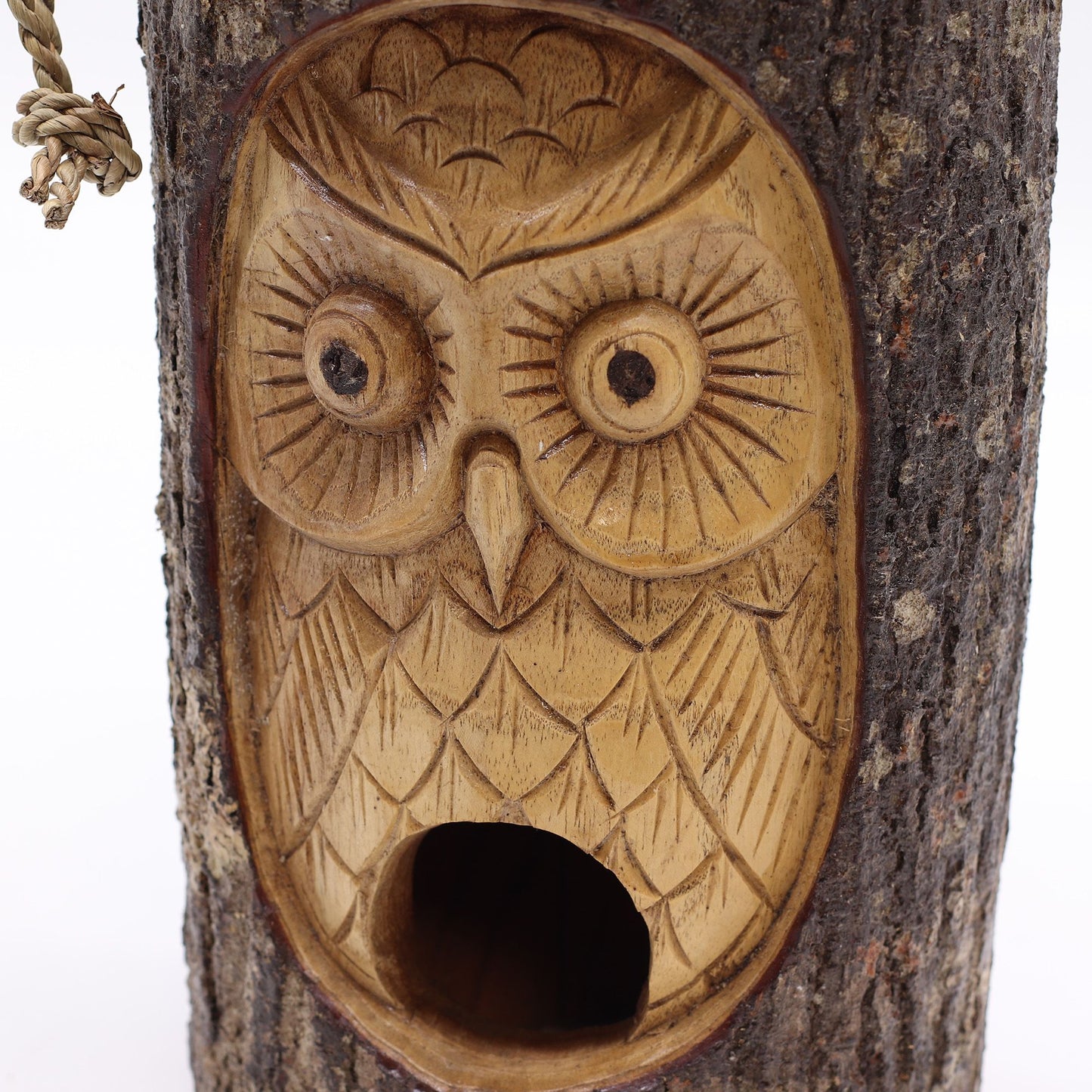 Gesicht aus Baumstamm – Vogelhaus – Weise Eule