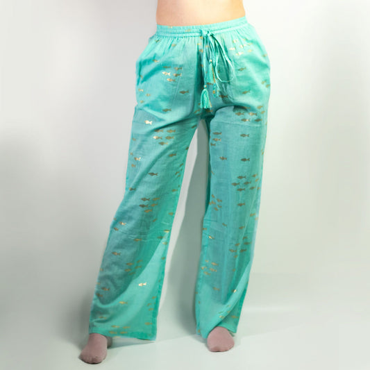(LXL) Collection Nomad Sari méditerranéen - Pantalon - Motif poisson turquoise et doré