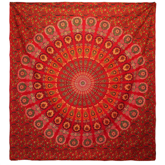 Colcha Doble de Algodón + Colgante de Pared - Pavo Real Mandala - Rojo