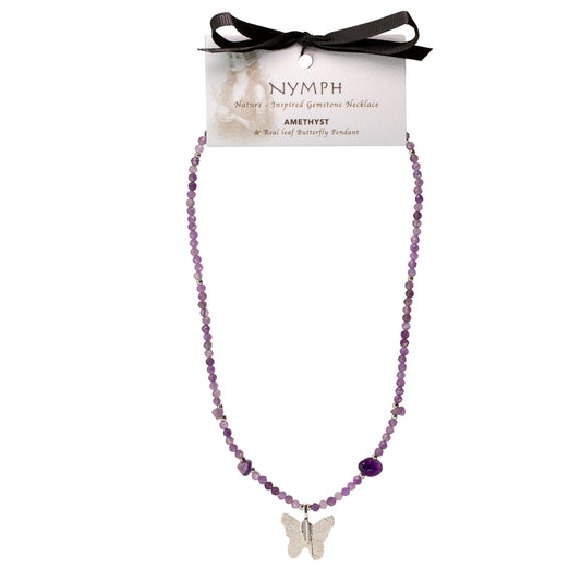 Amethystkette mit Edelstein und Schmetterlingsanhänger aus echtem Blatt