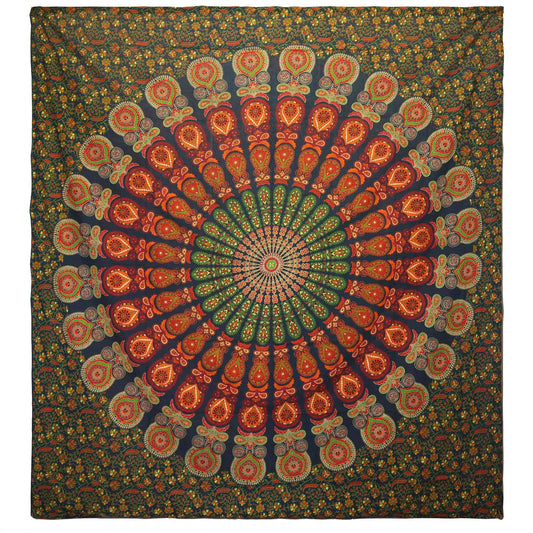Baumwoll-Doppelsteppdecke + Wandbehang - Mandala Pfau - Grün