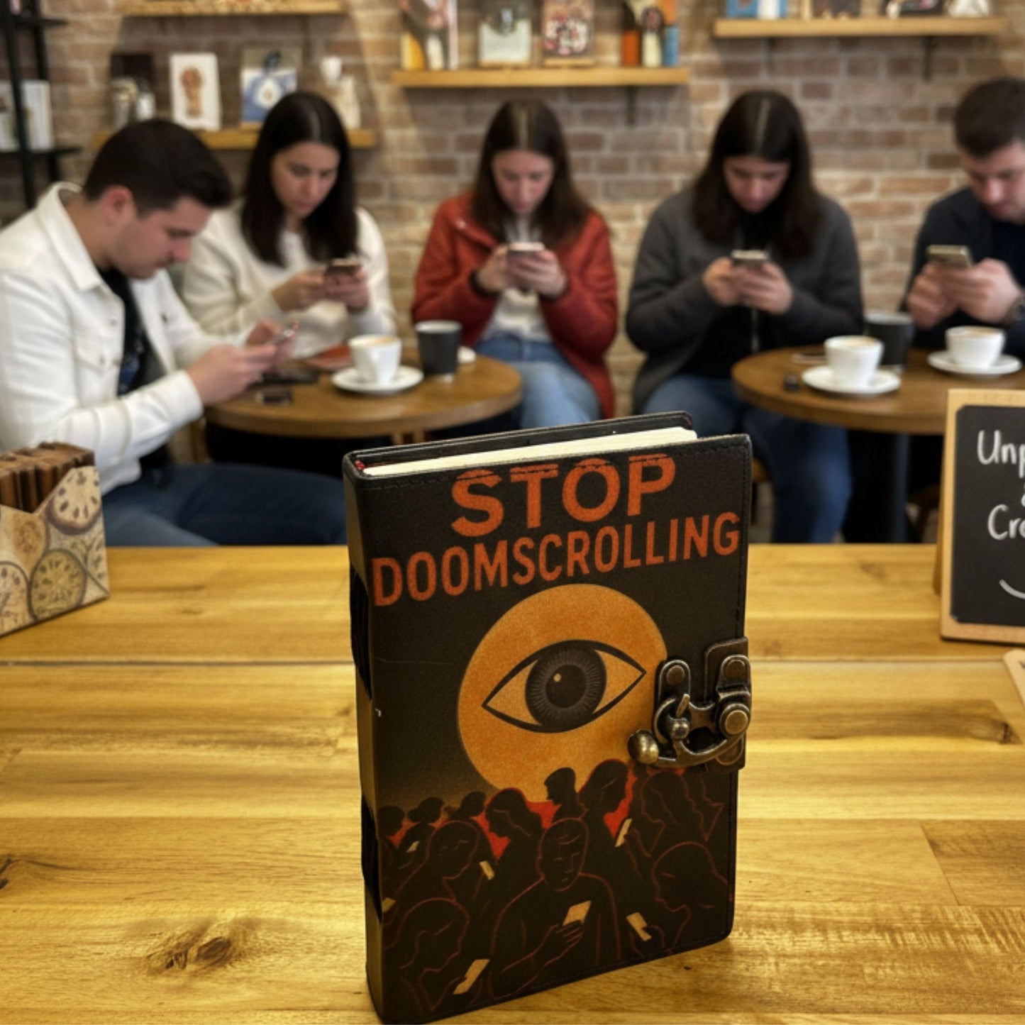 Bedruckte Notizbücher aus Leder (7 x 5 Zoll) – Stop Doom Scrolling – 200 Seiten, Normalpapier