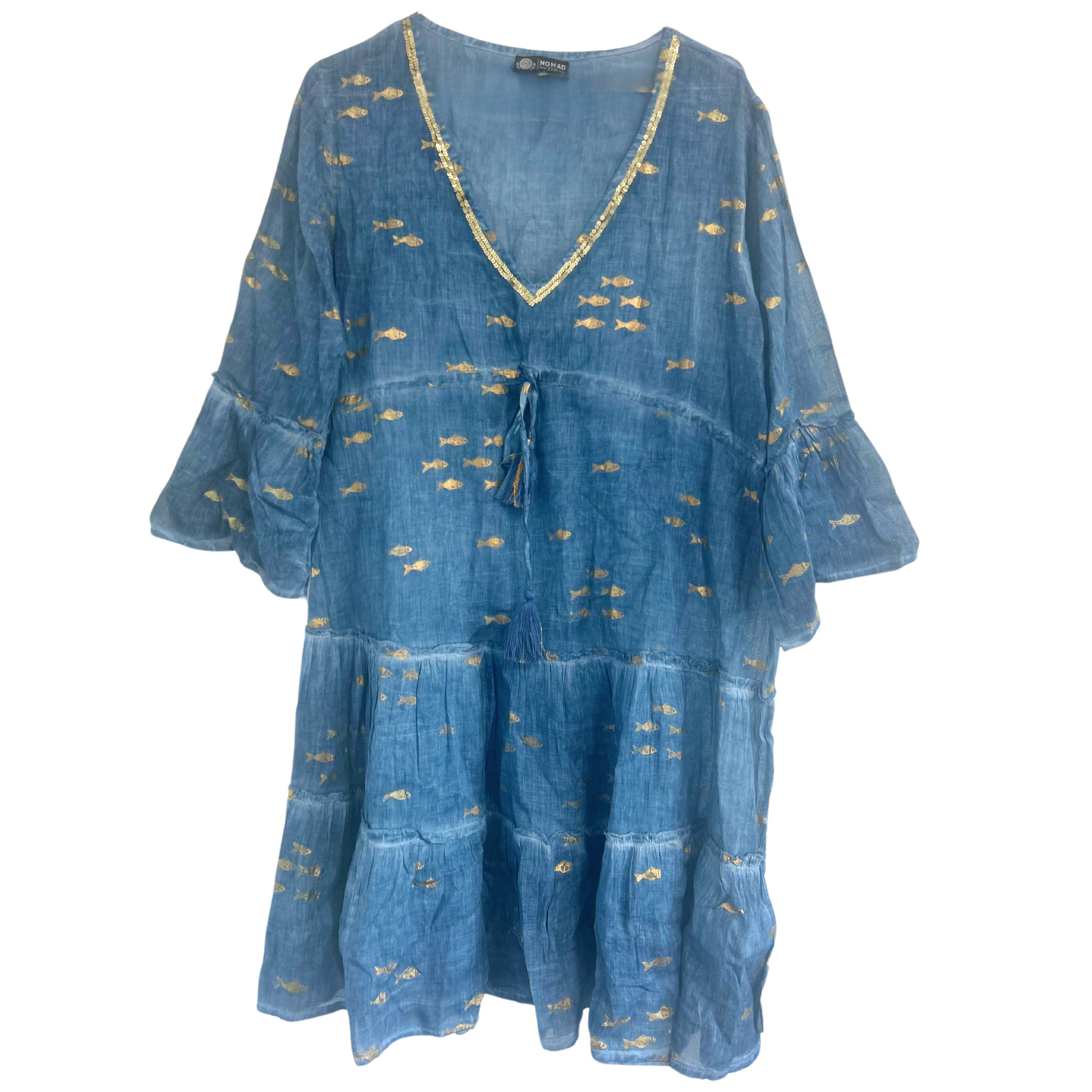 (ML) Collection Nomad Sari - Robe - Motif poisson bleu marine et doré