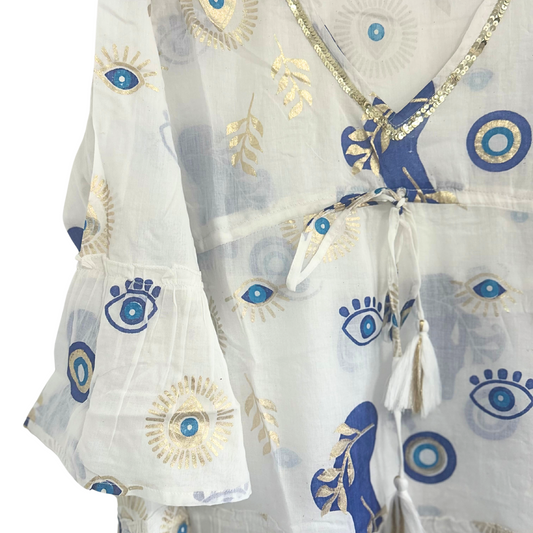 (LXL) Colección Nomad Sari - Vestido - Diseño de mal de ojo blanco, azul y dorado