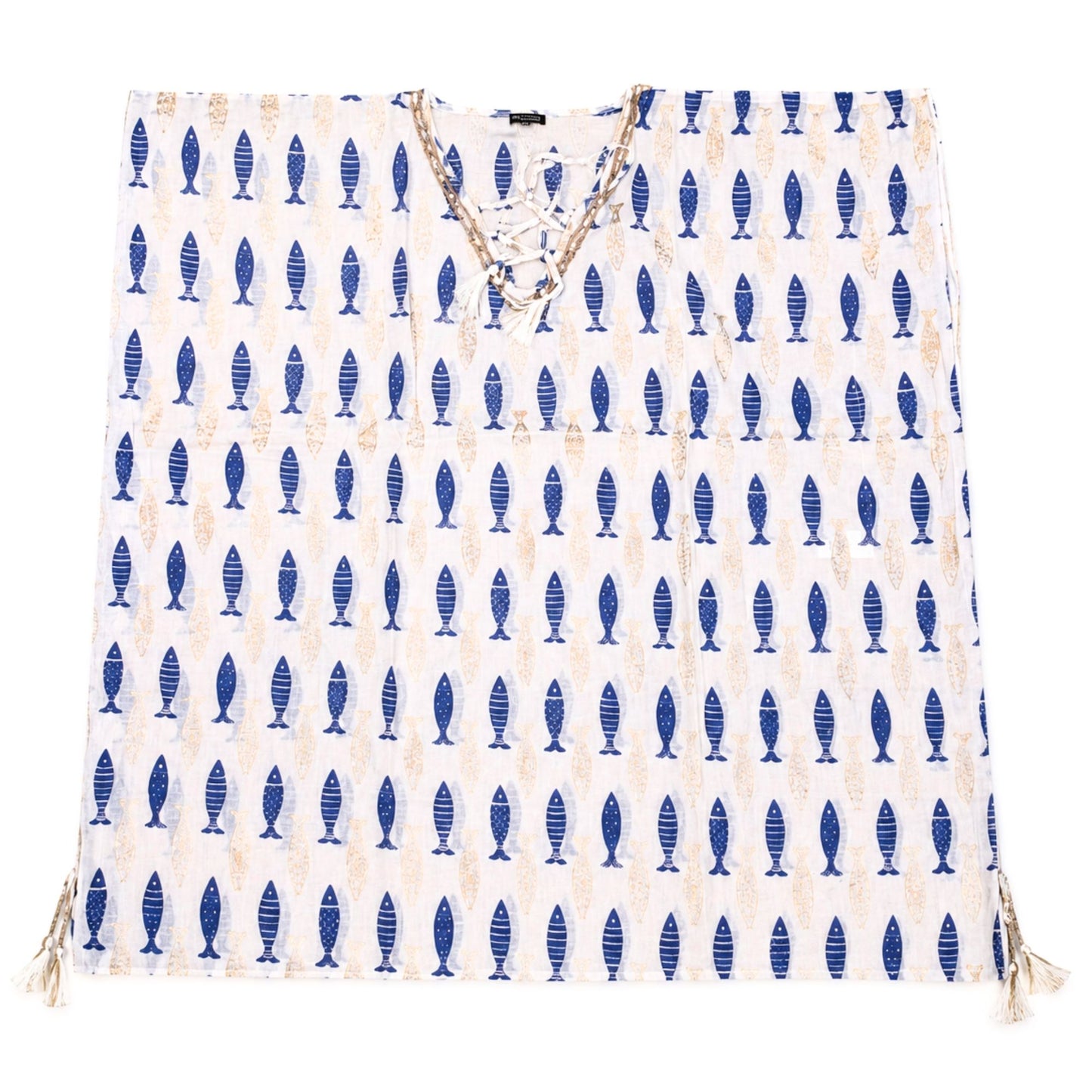 Nomad Sari en la Colección Med - Kaftán - Estampado de peces en blanco y azul audaz