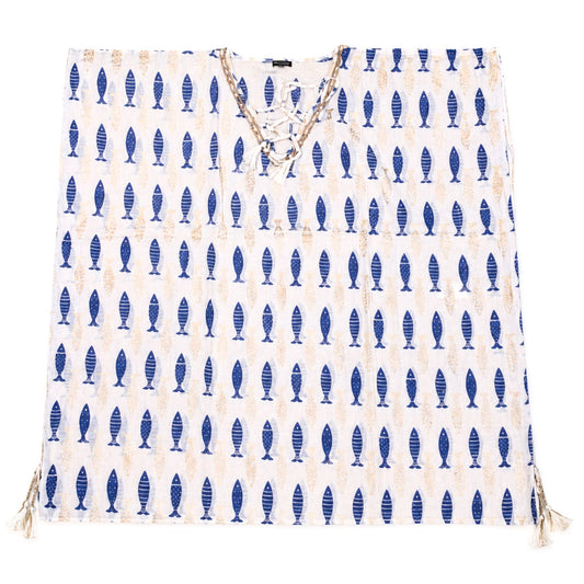 Nomad Sari en la Colección Med - Kaftán - Estampado de peces en blanco y azul audaz
