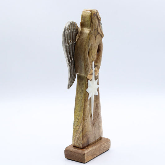 Grand Ange de la Paix en bois de manguier avec ailes en métal et détails émaillés - 30 cm