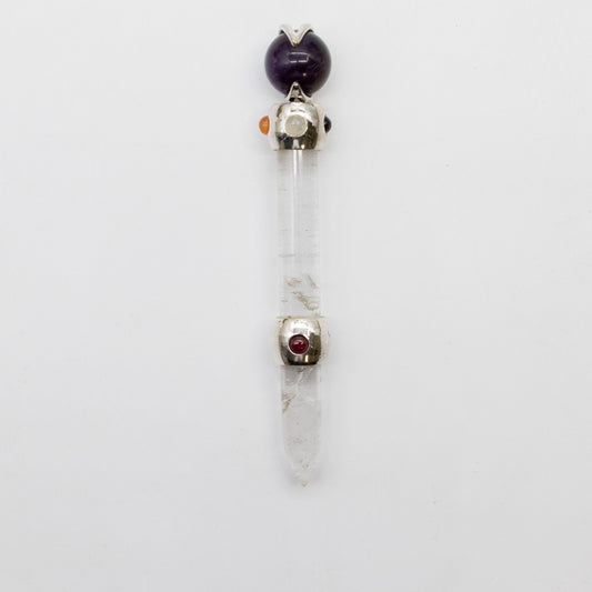 Axis of Grace Wand - Amethyst & Rose Quartz Spheres, Quartz Stem - 12cm