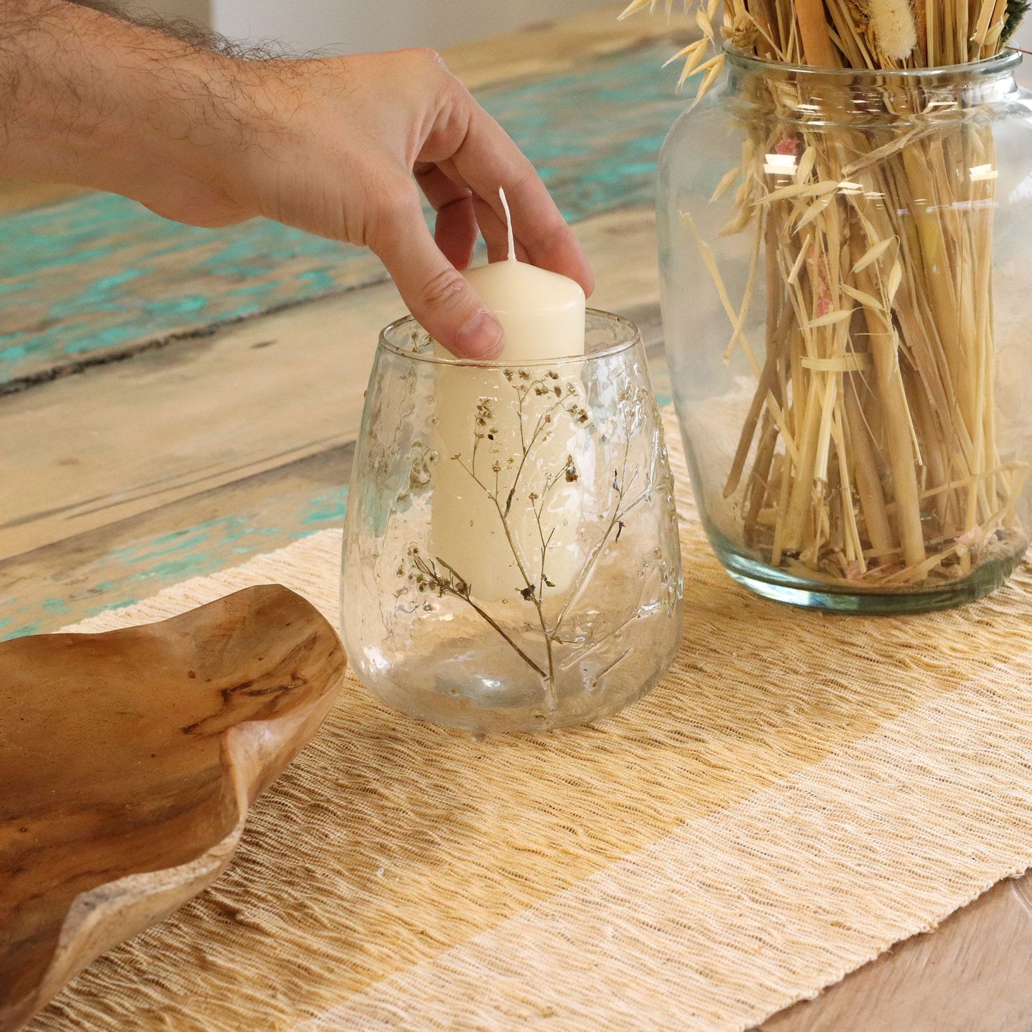 Natürlicher Kerzenhalter aus Glas mit Blumenmuster – Vase – Gänseblümchen – (12 x 11 cm)