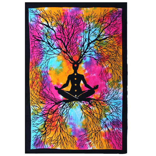 Baumwoll-Einzelsteppdecke + Wandteppich - Yoga-Baum