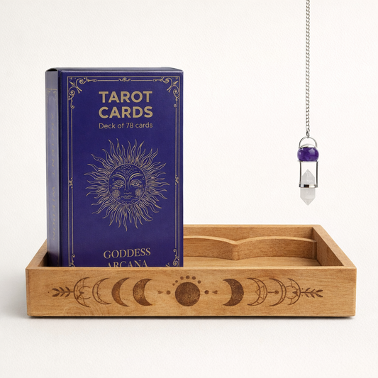 Kit de Tarot para Principiantes – Baraja, Bandeja Lunar y Péndulo