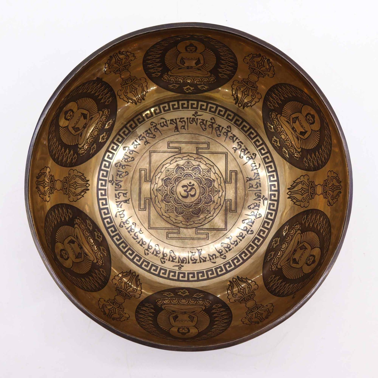 Bol chantant tibétain gravé de guérison - 21 cm - Om et Bouddha