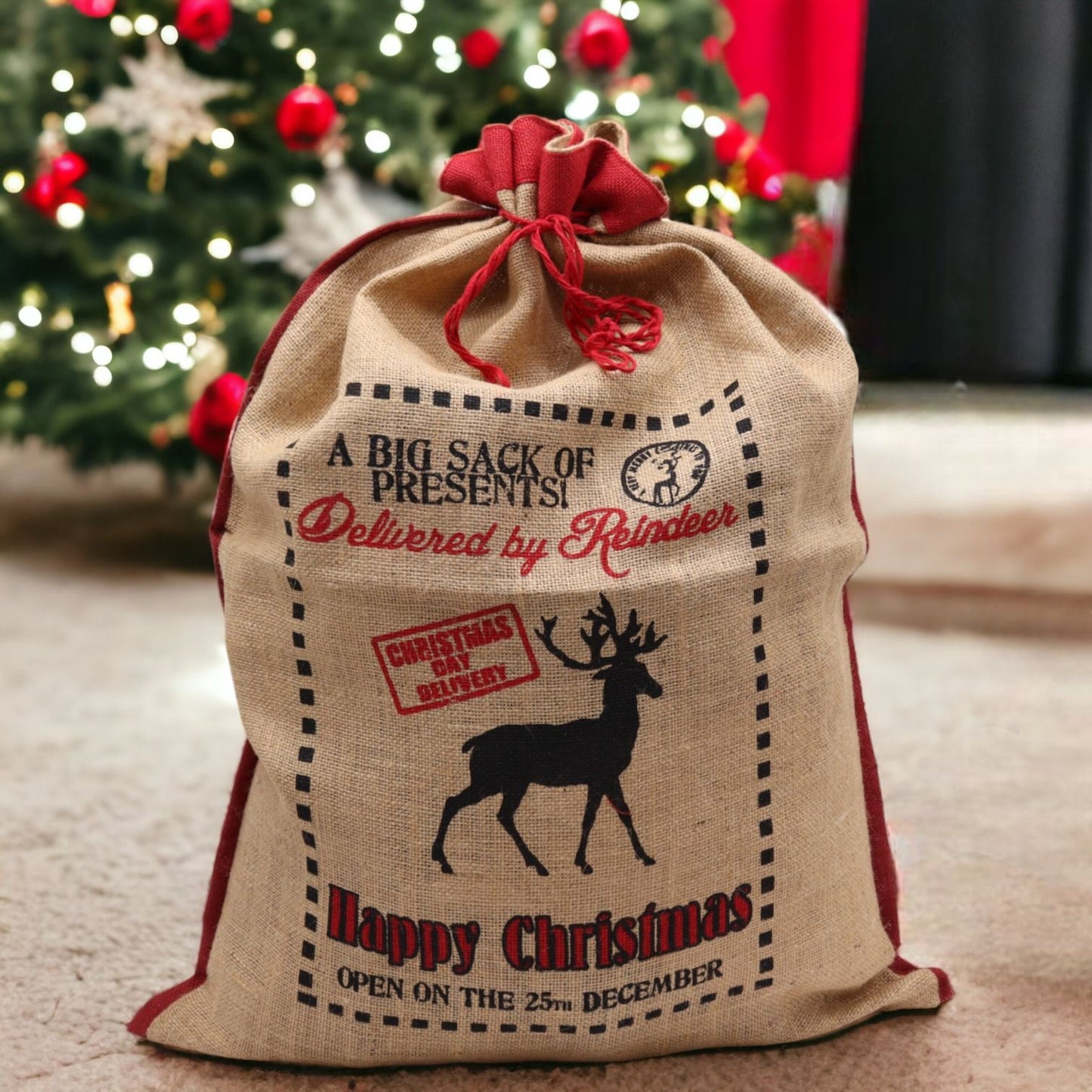 Sac de jute du Père Noël - Livré par des rennes