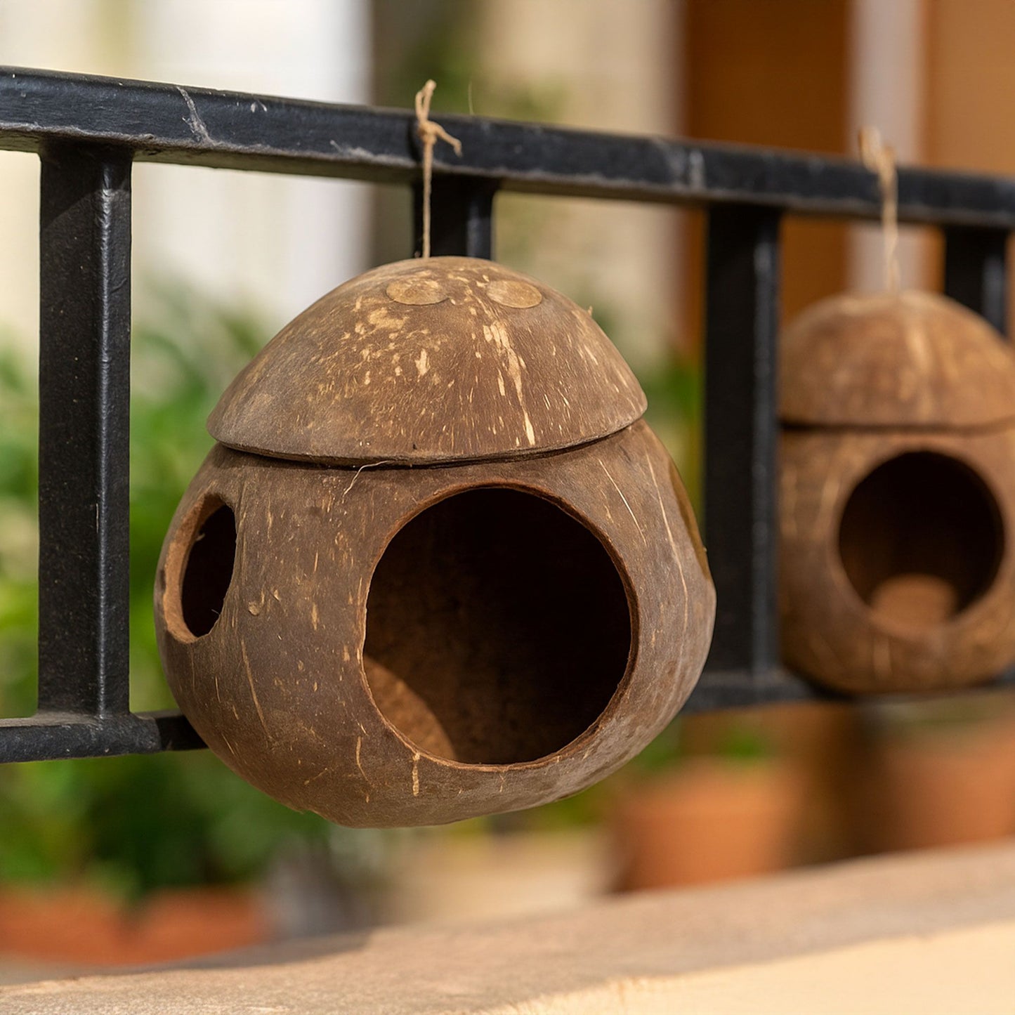 Casita para aves de coco natural - con gancho - 13 cm
